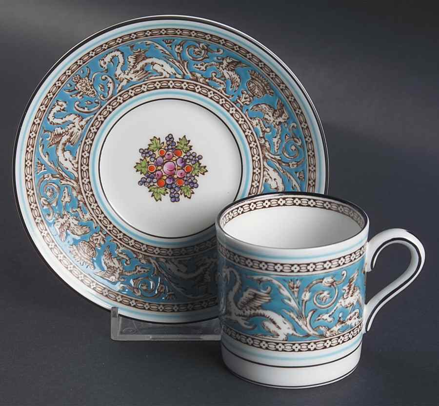 Florentine Turquoise Rim (Fruit Center, White Body) Bond Shape Demitasse Cup and Saucer Set by Wedgwood-1