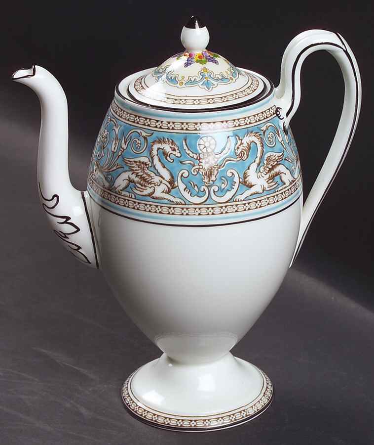 Florentine Turquoise Rim (Fruit Center, White Body) Chocolate Pot & Lid by Wedgwood-1