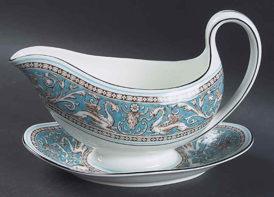 Florentine Turquoise Rim (Fruit Center, White Body) Gravy Boat with Attached Underplate by Wedgwood-1