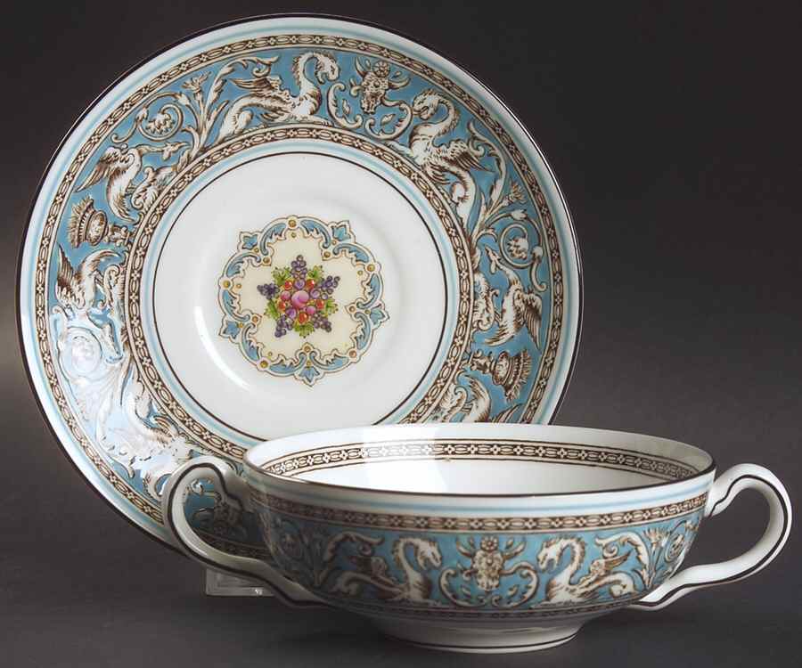 Florentine Turquoise Rim (Fruit Center, White Body) Flat Cream Soup Bowl & Saucer Set by Wedgwood-1