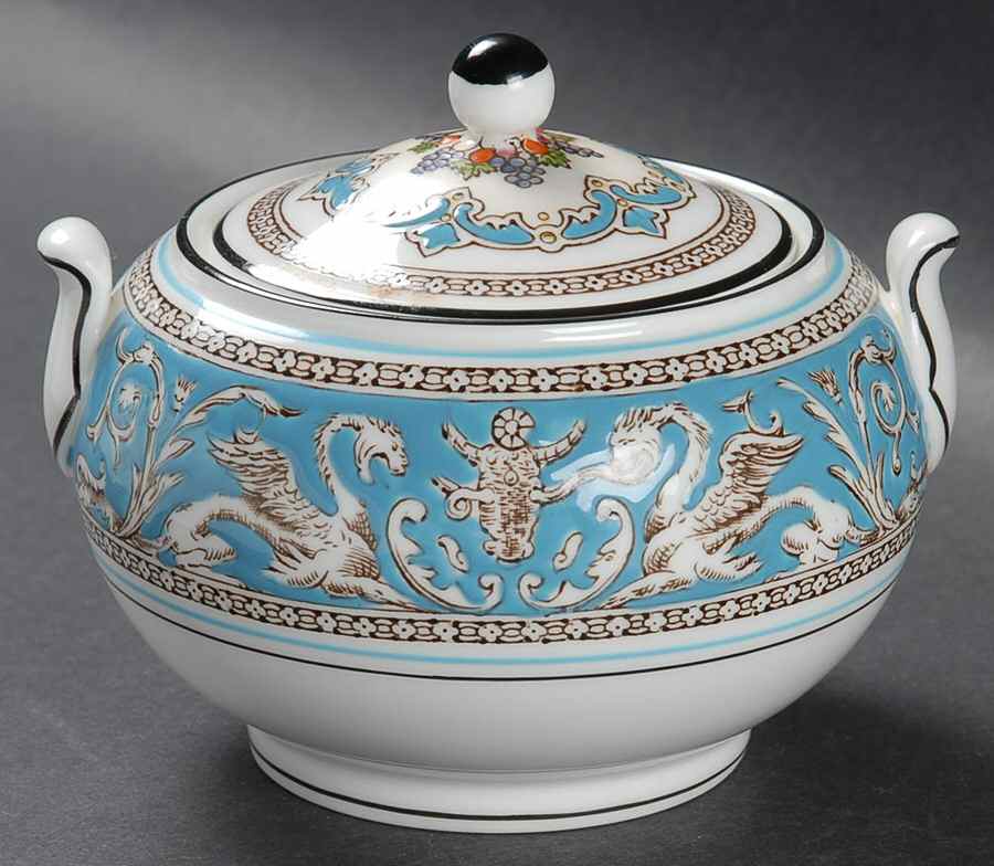 Florentine Turquoise Rim (Fruit Center, White Body) 146 Shape Sugar Bowl & Lid by Wedgwood-1
