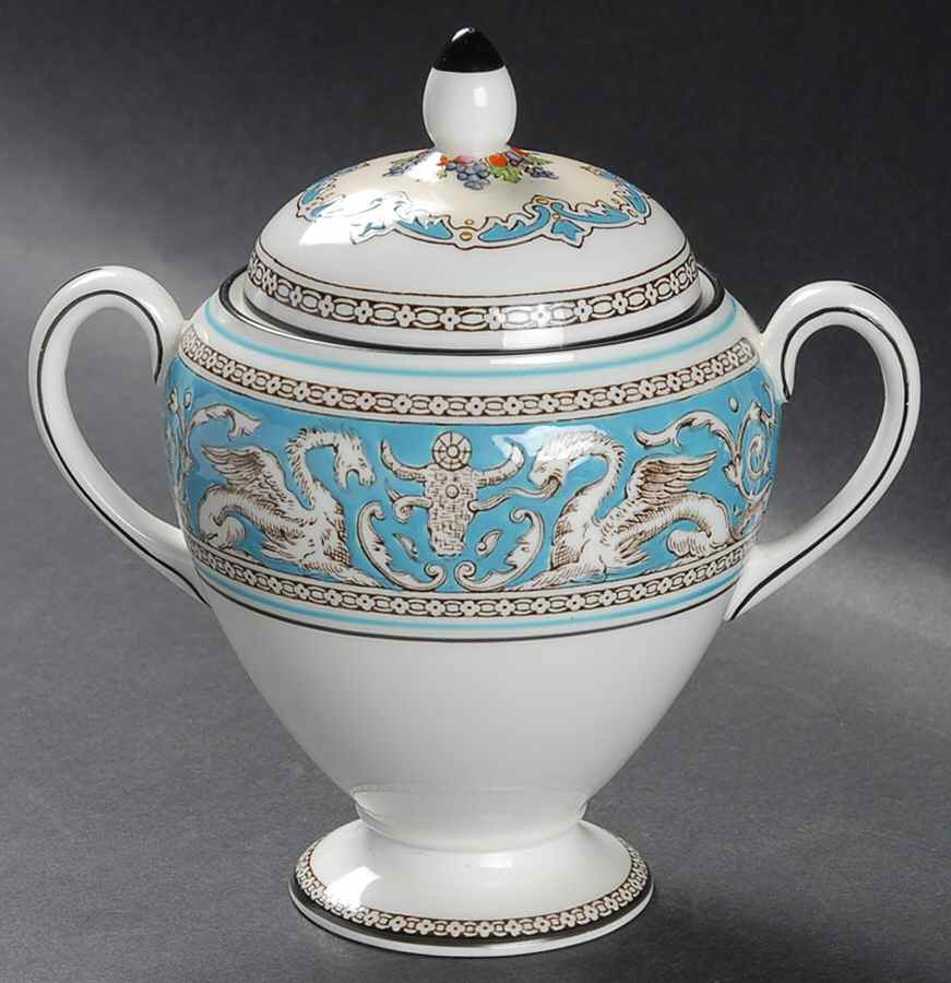 Florentine Turquoise Rim (Fruit Center, White Body) Globe Shape Sugar Bowl & Lid by Wedgwood-1