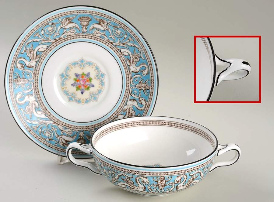 Florentine Turquoise Rim (Fruit Center, White Body) Flat Cream Soup Bowl & Saucer Set by Wedgwood-1