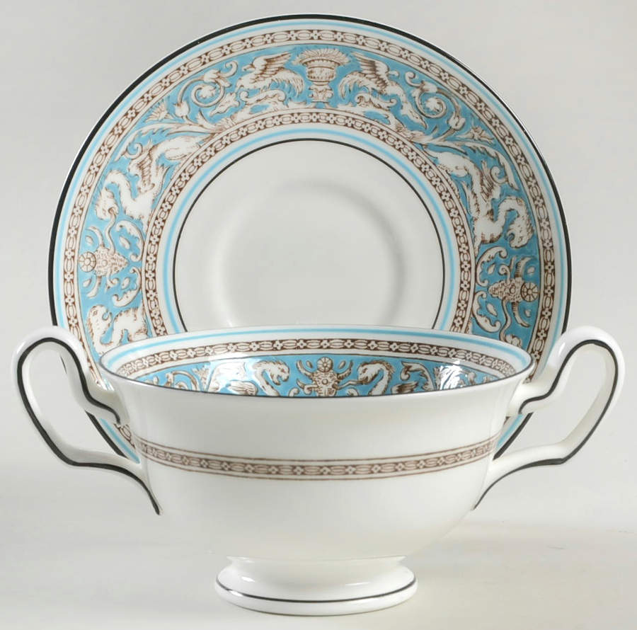 Florentine Turquoise Rim (No Center, White Body) Footed Cream Soup Bowl & Saucer Set by Wedgwood-1