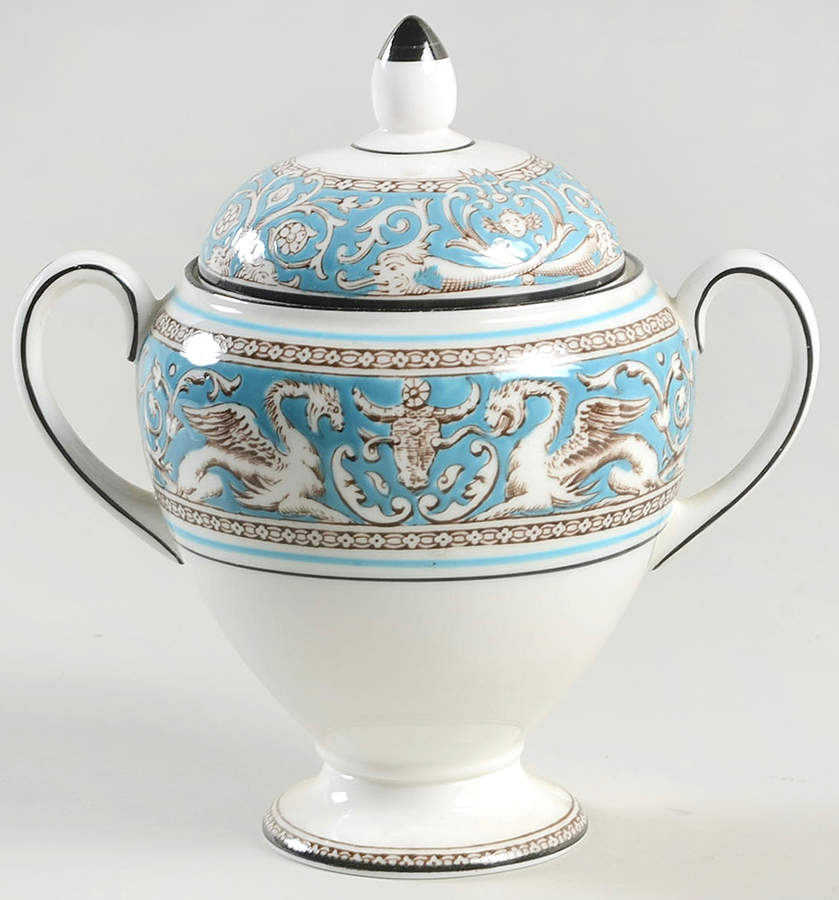 Florentine Turquoise Rim (No Center, White Body) Globe Shape Sugar Bowl & Lid by Wedgwood-1