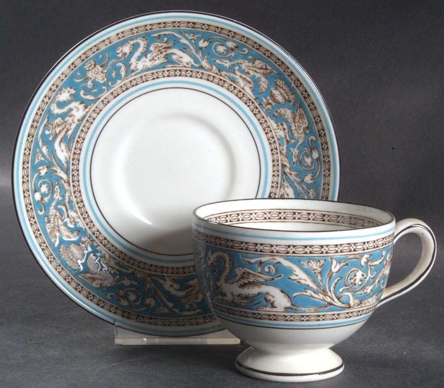 Florentine Turquoise Rim (No Center, White Body) Leigh Shape Footed Cup & Saucer Set by Wedgwood-1