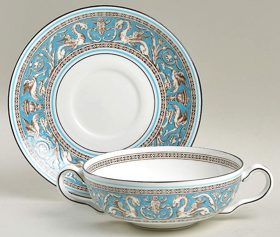 Florentine Turquoise Rim (No Center, White Body) Flat Cream Soup Bowl & Saucer Set by Wedgwood-1