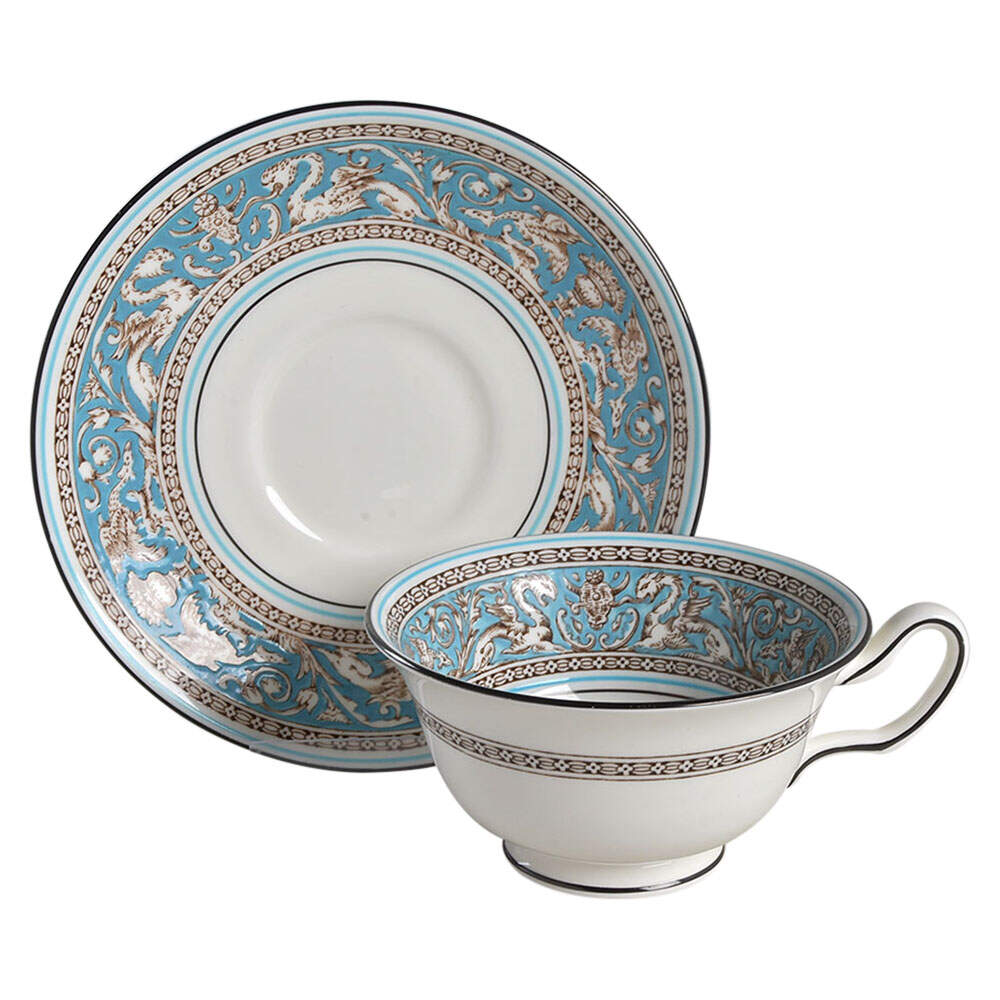 Florentine Turquoise Rim (No Center, White Body) Peony Shape Footed Cup & Saucer Set by Wedgwood-1