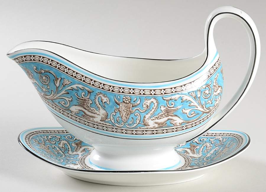 Florentine Turquoise Rim (No Center, White Body) Gravy Boat with Attached Underplate by Wedgwood-1