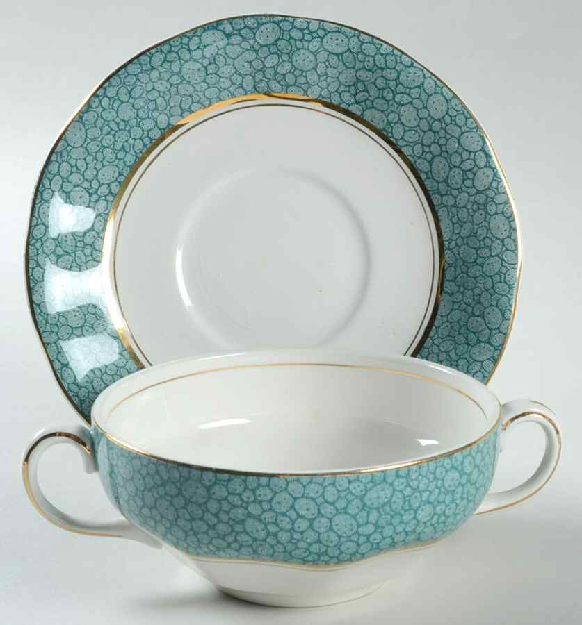 Garden (Aqua Border) Flat Cream Soup Bowl & Saucer Set by Wedgwood-1