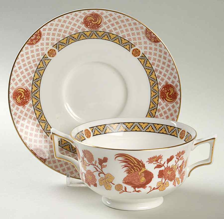 Golden Cockerel Footed Cream Soup Bowl & Saucer Set by Wedgwood-1