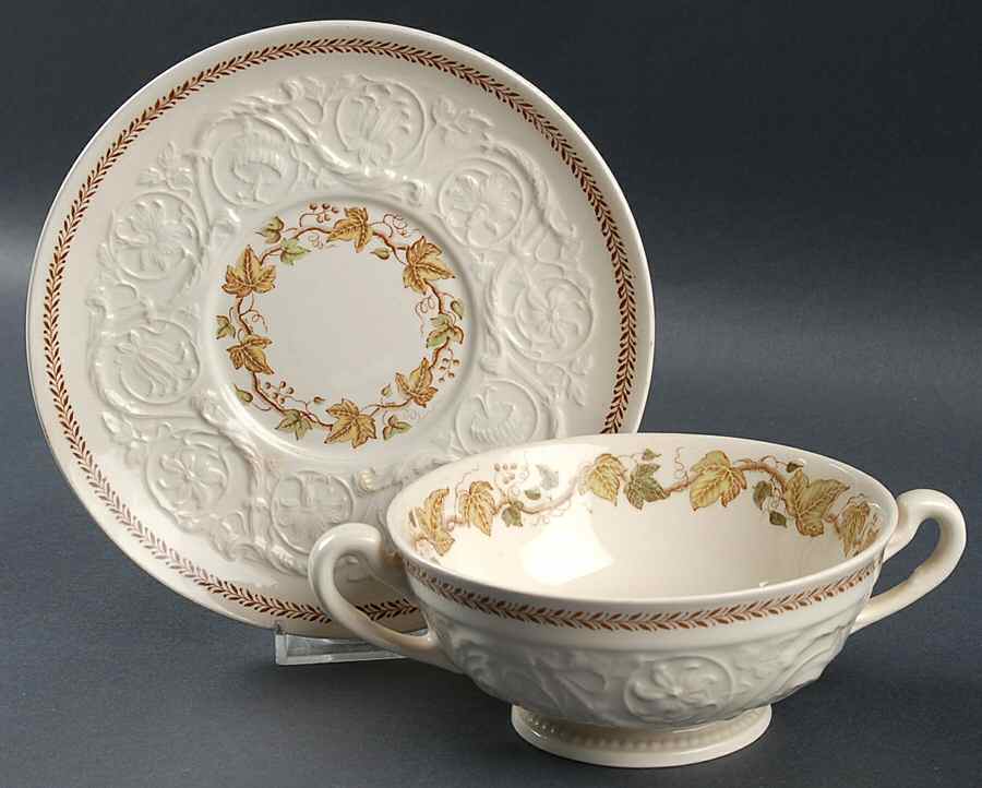 Golden Ivy (Laurel Rim) Footed Cream Soup Bowl & Saucer Set by Wedgwood-1