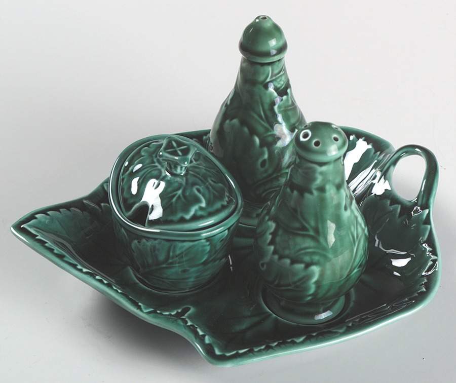 Green Glaze Salt & Pepper, Mustard with Lid & Tray by Wedgwood-1