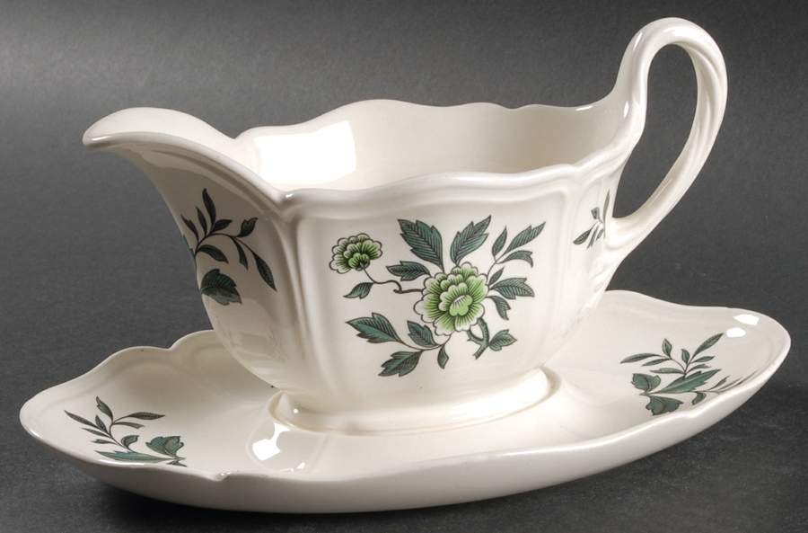 Green Leaf (Queen's Shape) Gravy Boat with Attached Underplate by Wedgwood-1