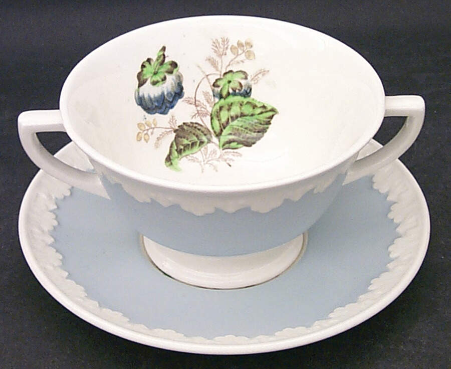 Hampton Court (Blue Rim) Footed Cream Soup Bowl & Saucer Set by Wedgwood-1