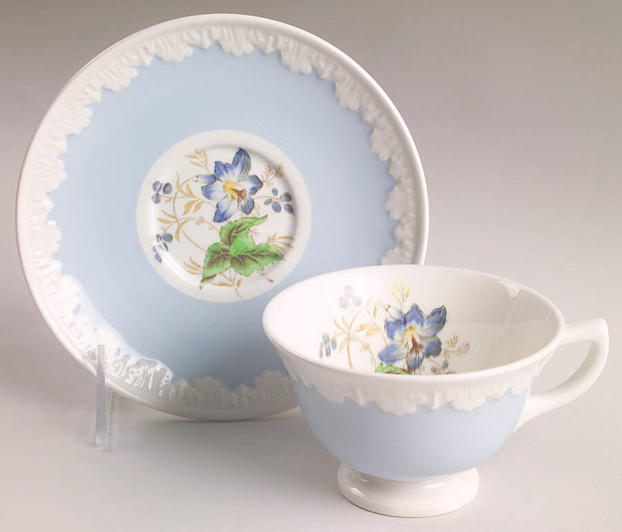 Hampton Court (Blue Rim) Footed Cup & Saucer Set by Wedgwood-1