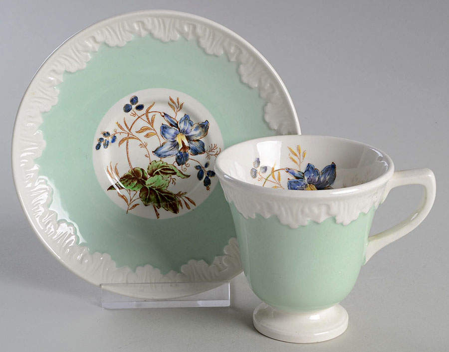 Hampton Court (Green Rim) Footed Demitasse Cup & Saucer Set by Wedgwood-1