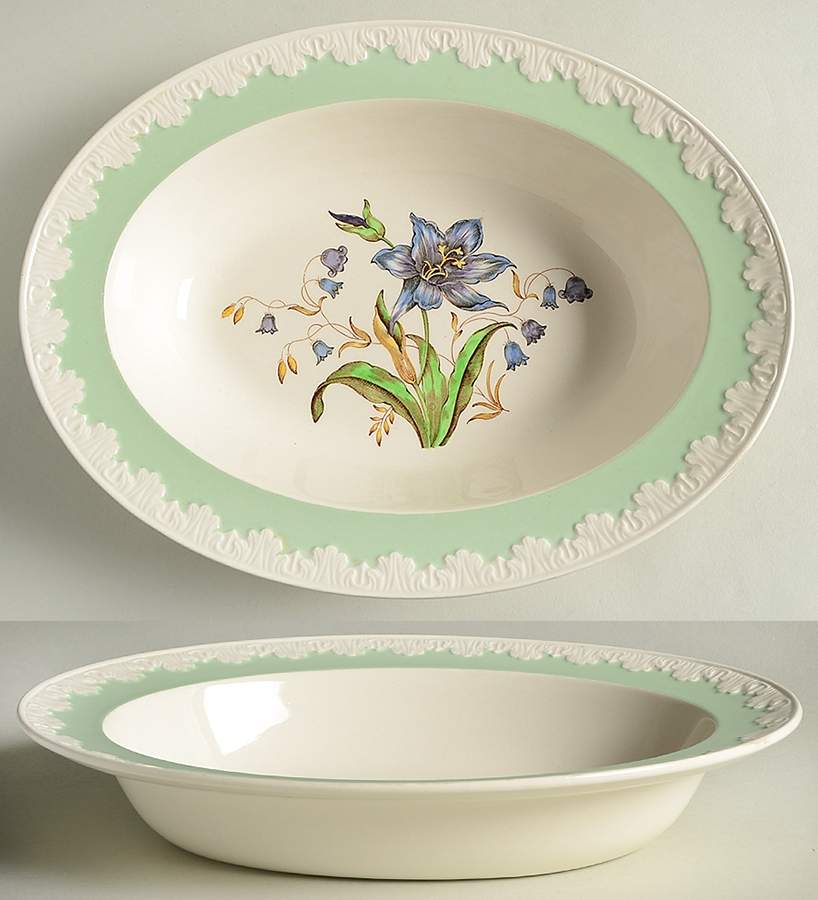 Hampton Court (Green Rim) 10" Oval Vegetable Bowl by Wedgwood-1