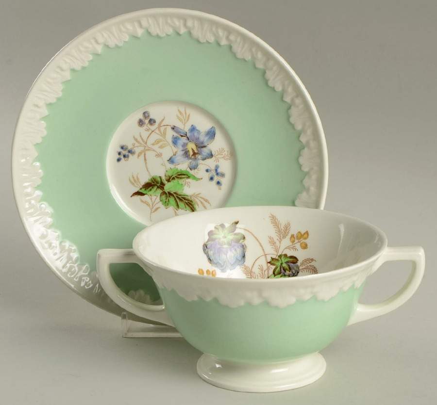 Hampton Court (Green Rim) Footed Cream Soup Bowl & Saucer Set by Wedgwood-1