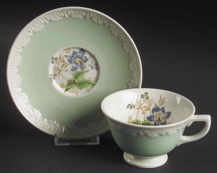 Hampton Court (Green Rim) Footed Cup & Saucer Set by Wedgwood-1