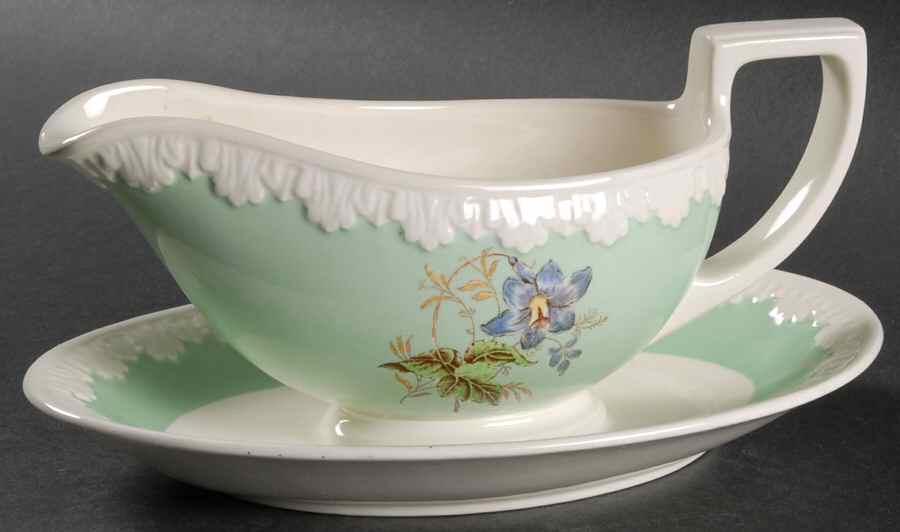 Hampton Court (Green Rim) Gravy Boat with Attached Underplate by Wedgwood-1