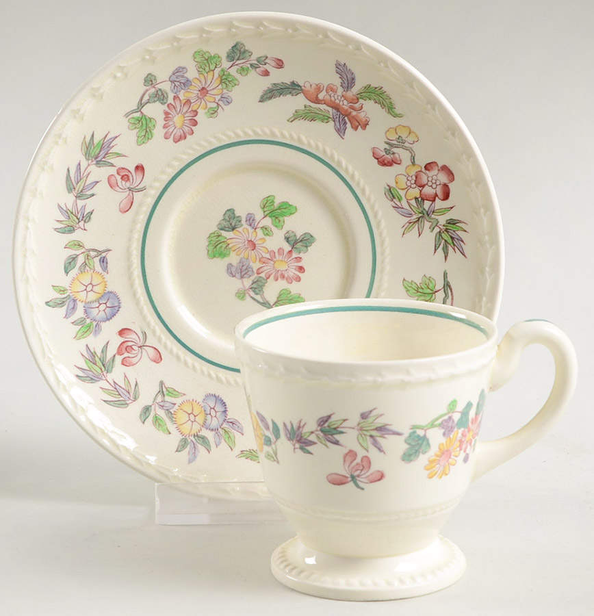 Harlech (Floral Rim & Center, No Trim) Footed Demitasse Cup & Saucer Set by Wedgwood-1