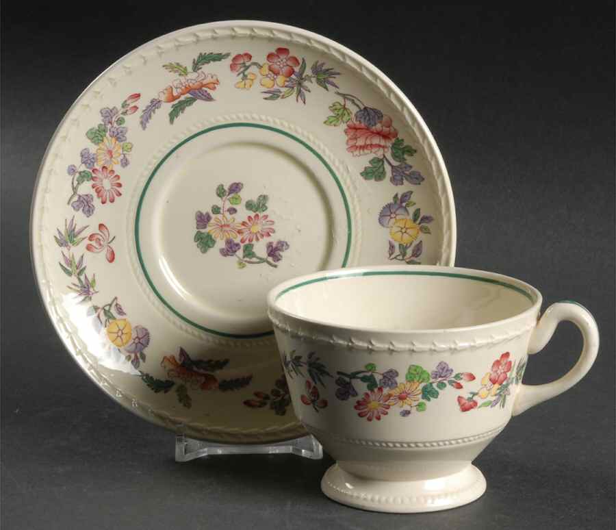 Harlech (Floral Rim & Center, No Trim) Footed Cup & Saucer Set by Wedgwood-1