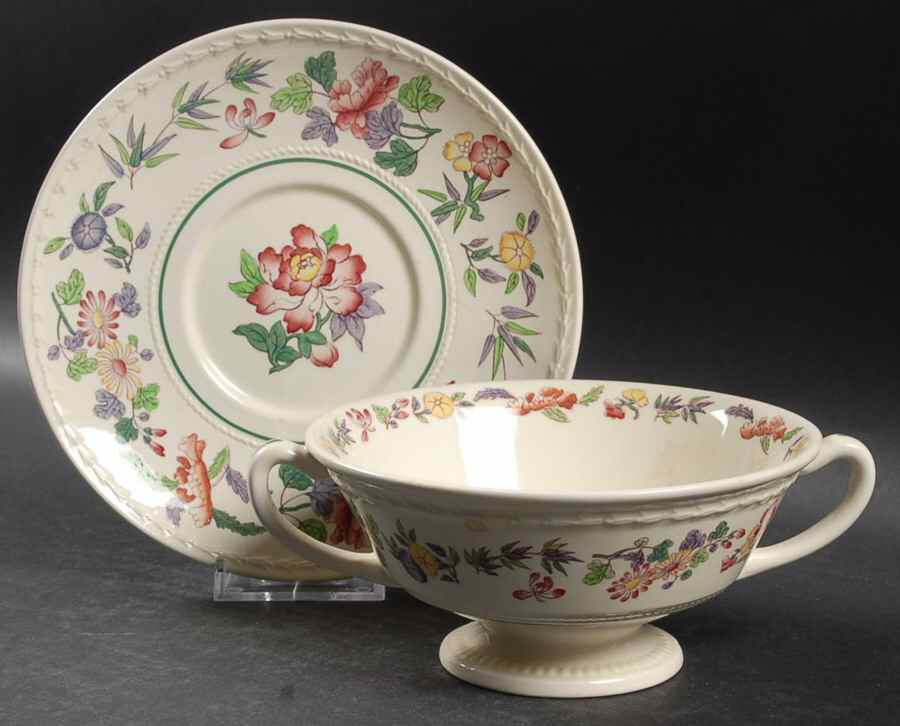 Harlech (Floral Rim & Center, No Trim) Footed Cream Soup Bowl & Saucer Set by Wedgwood-1