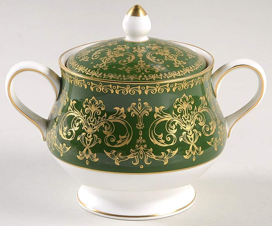 Harlech Green (Green Rim, Gold Scrolls) Sugar Bowl & Lid by Wedgwood-1