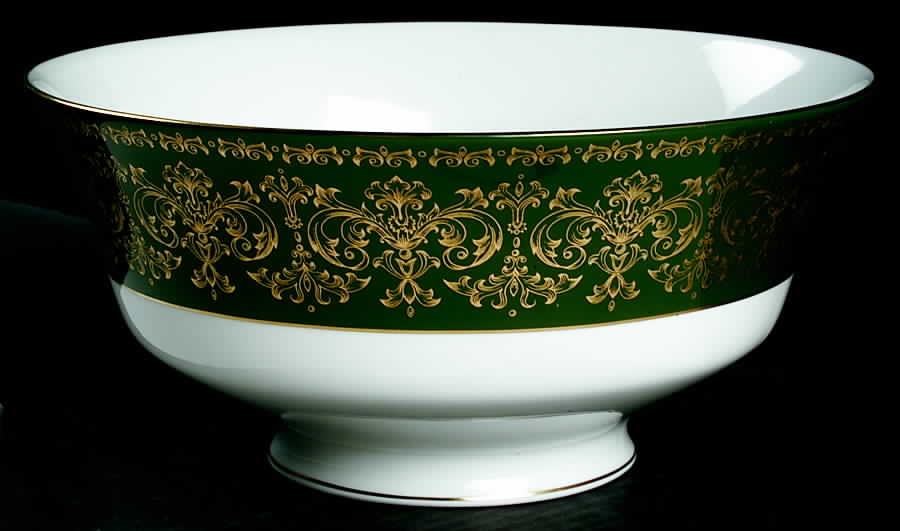 Harlech Green (Green Rim, Gold Scrolls) 9" Salad Serving Bowl by Wedgwood-1