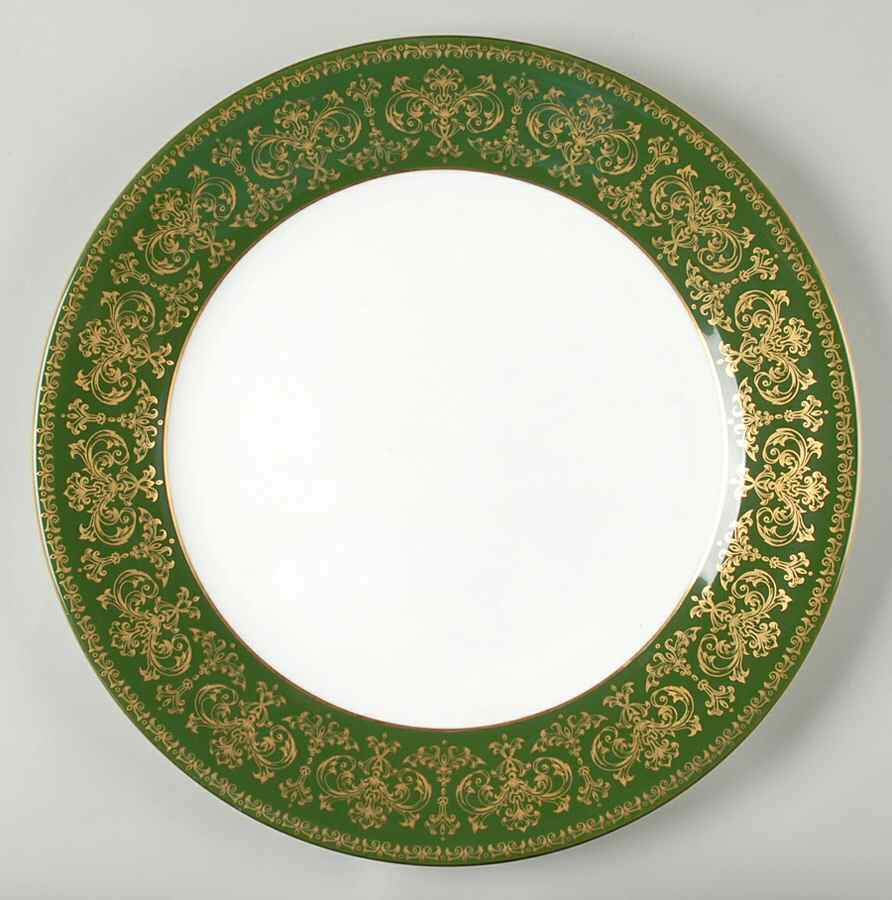 Harlech Green (Green Rim, Gold Scrolls) 13" Chop Plate (Round Platter) by Wedgwood-1