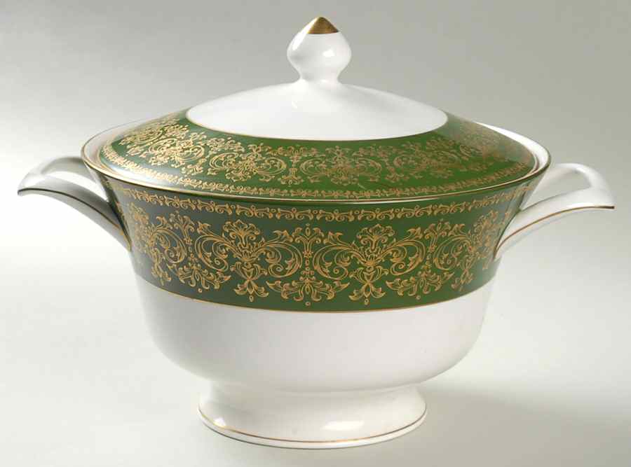 Harlech Green (Green Rim, Gold Scrolls) Round Covered Vegetable by Wedgwood-1