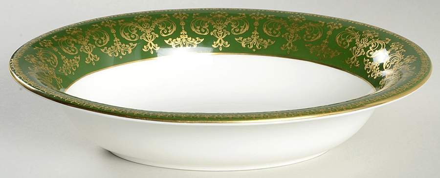 Harlech Green (Green Rim, Gold Scrolls) 9" Oval Vegetable Bowl by Wedgwood-1