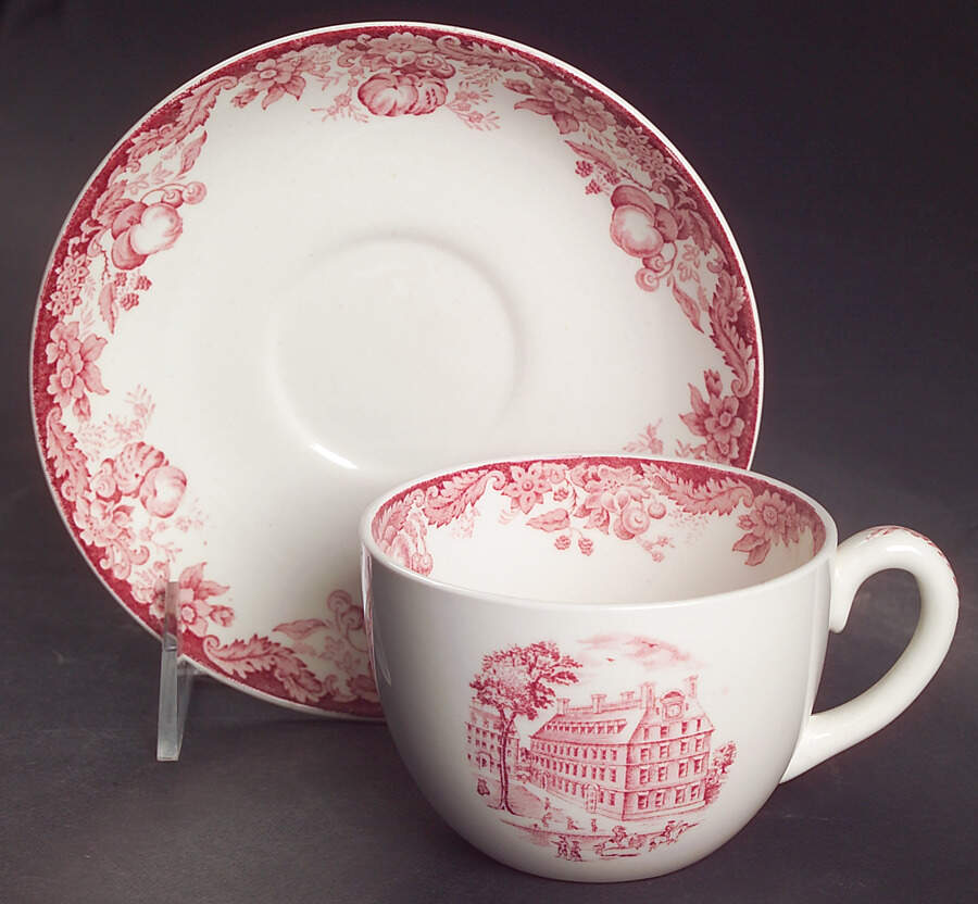 Harvard University Pink (No Gold Trim) Flat Cup & Saucer Set by Wedgwood-1