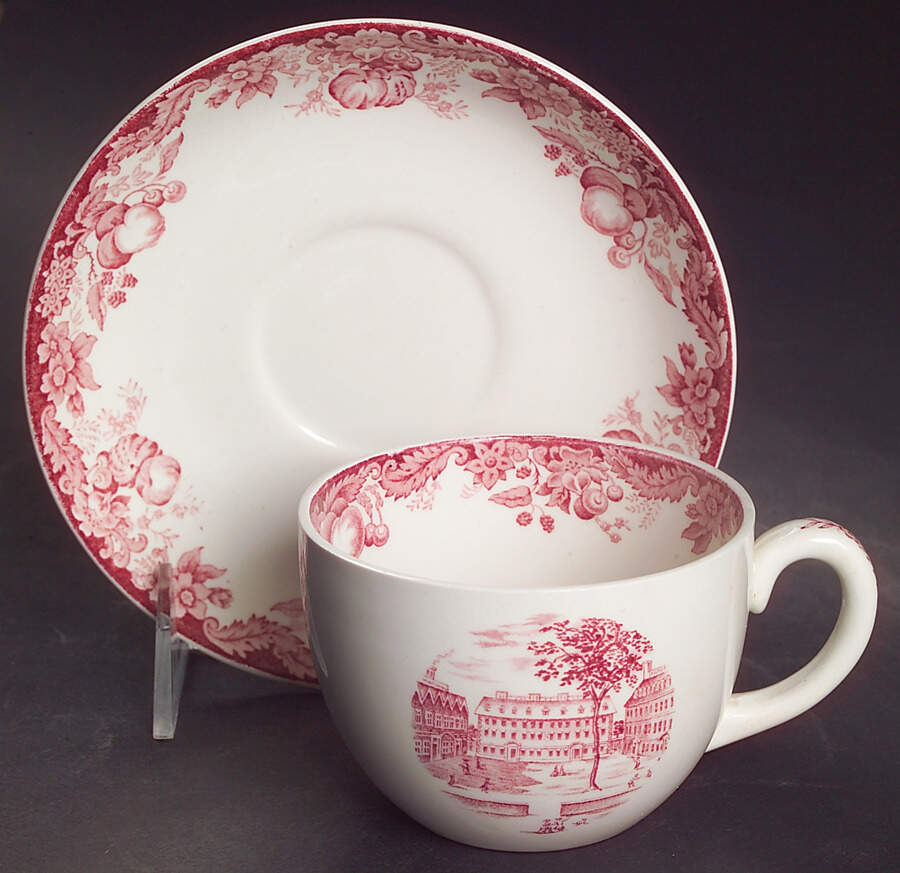 Harvard University Pink (No Gold Trim) Flat Cup & Saucer Set by Wedgwood-1