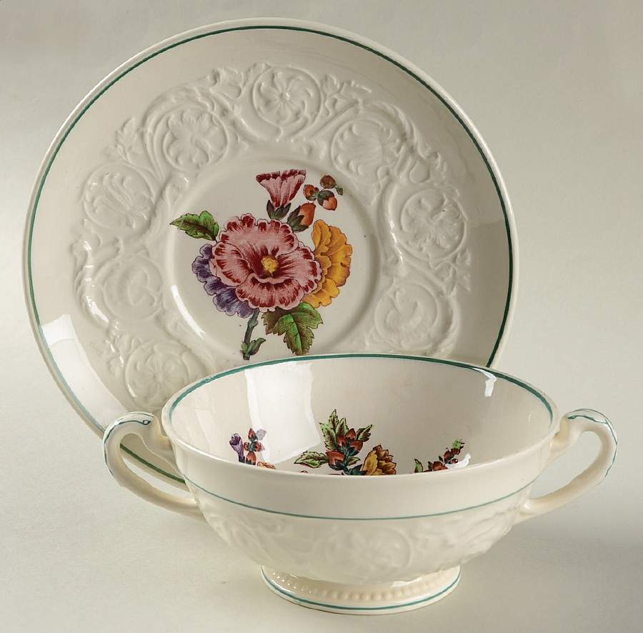 Hollyhock Footed Cream Soup Bowl & Saucer Set by Wedgwood-1