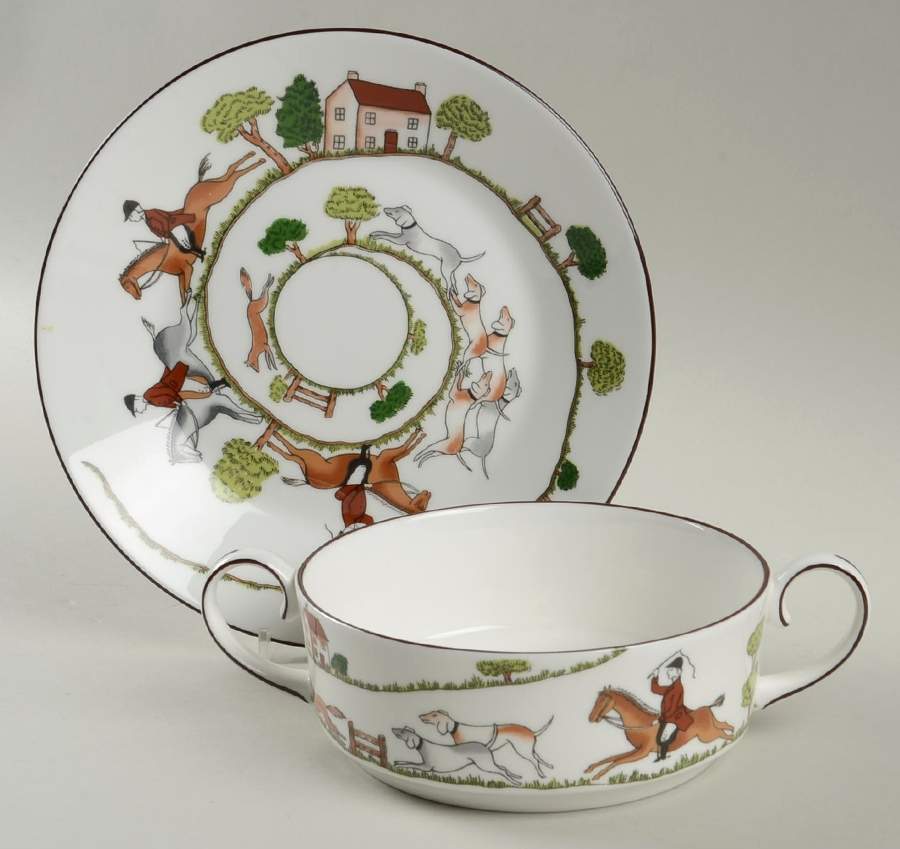 Hunting Scene Flat Cream Soup Bowl & Saucer Set by Wedgwood-1