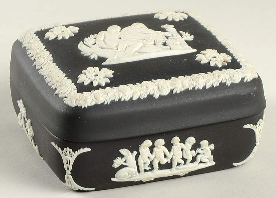 Cream Color on Black Jasperware Square Box with Lid by Wedgwood-1