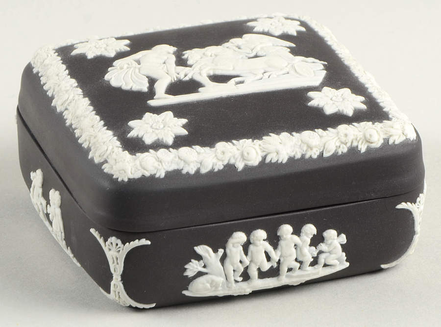 Cream Color on Black Jasperware Square Box with Lid by Wedgwood-1