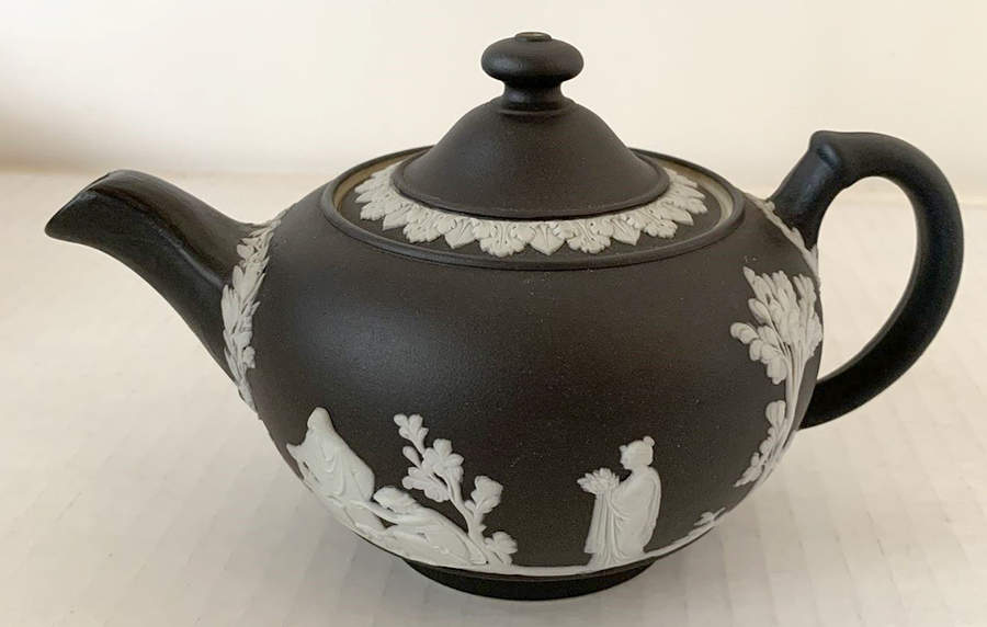 Cream Color on Black Jasperware Mini Teapot & Lid by Wedgwood-1