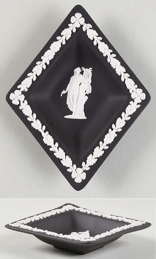 Cream Color on Black Jasperware Small Diamond Shape Ashtray by Wedgwood-1