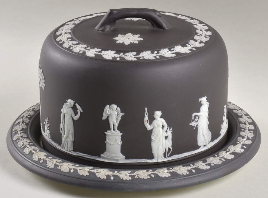 Cream Color on Black Jasperware Round Cheese Dish & Lid by Wedgwood-1