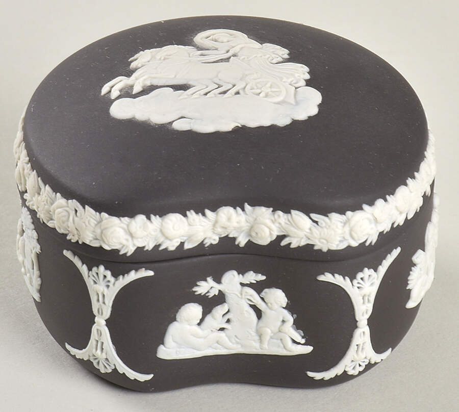 Cream Color on Black Jasperware Bean Box & Lid by Wedgwood-1
