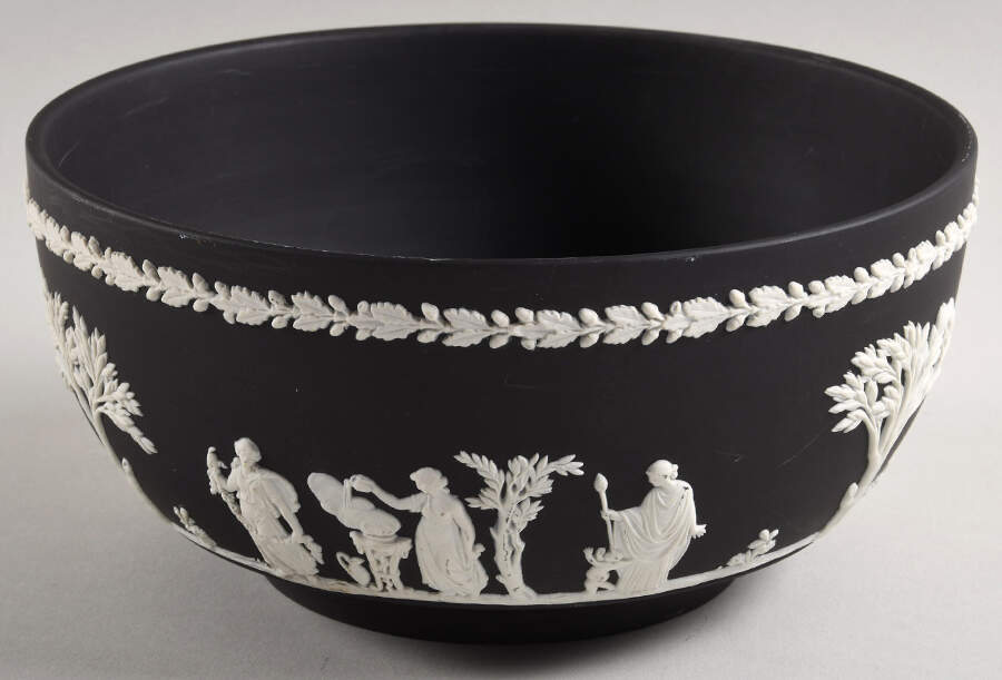 Cream Color on Black Jasperware Round Sacrifice Bowl by Wedgwood-1