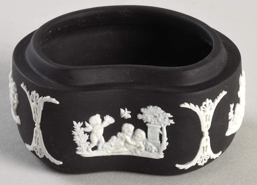 Cream Color on Black Jasperware Bean Box No Lid by Wedgwood-1
