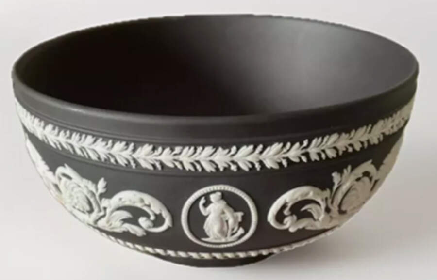Cream Color on Black Jasperware 5" Arabesque Bowl by Wedgwood-1