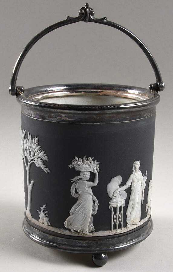 Cream Color on Black Jasperware Biscuit Barrel No Metal Lid by Wedgwood-1