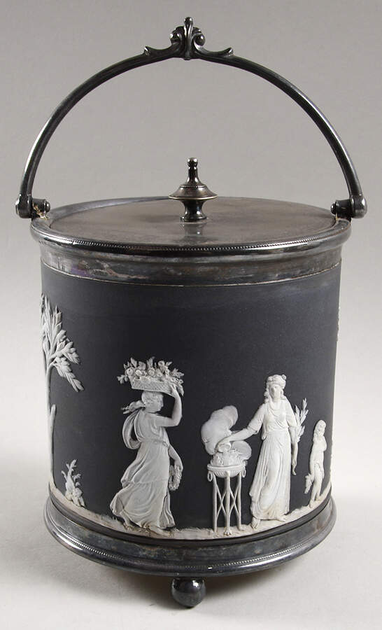 Cream Color on Black Jasperware Biscuit Barrel & Metal Lid by Wedgwood-1