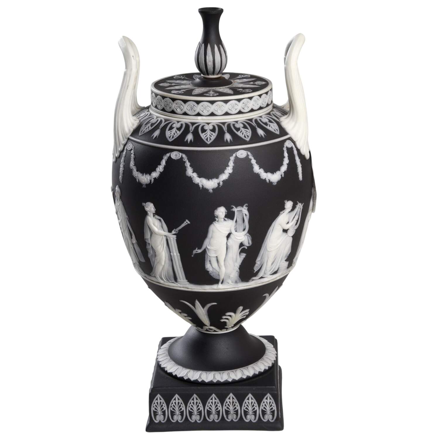 Cream Color on Black Jasperware 11" Vase/Urn & Lid by Wedgwood-1