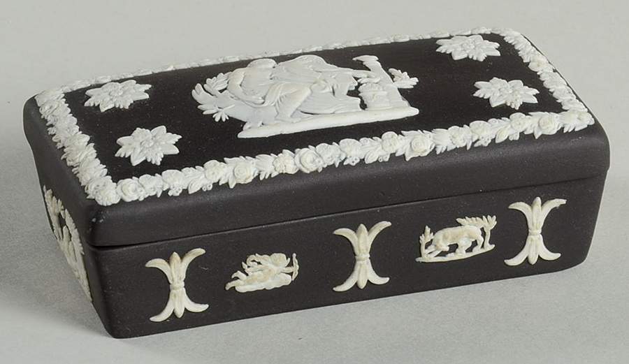 Cream Color on Black Jasperware 3" Rectangular Box & Lid by Wedgwood-1